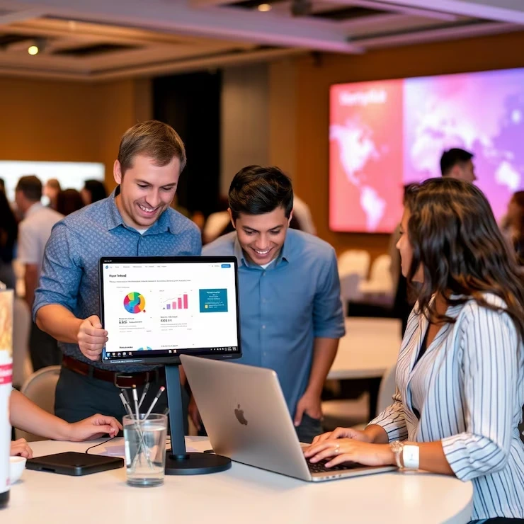A professional lead generation team in Vancouver reviewing analytics and campaign data together at a business event.
