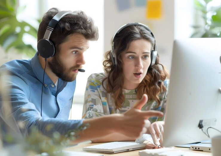 Two Professional Telemarketing Team Members With Headsets Reviewing Lead Generation Results On A Computer In A Calgary Office